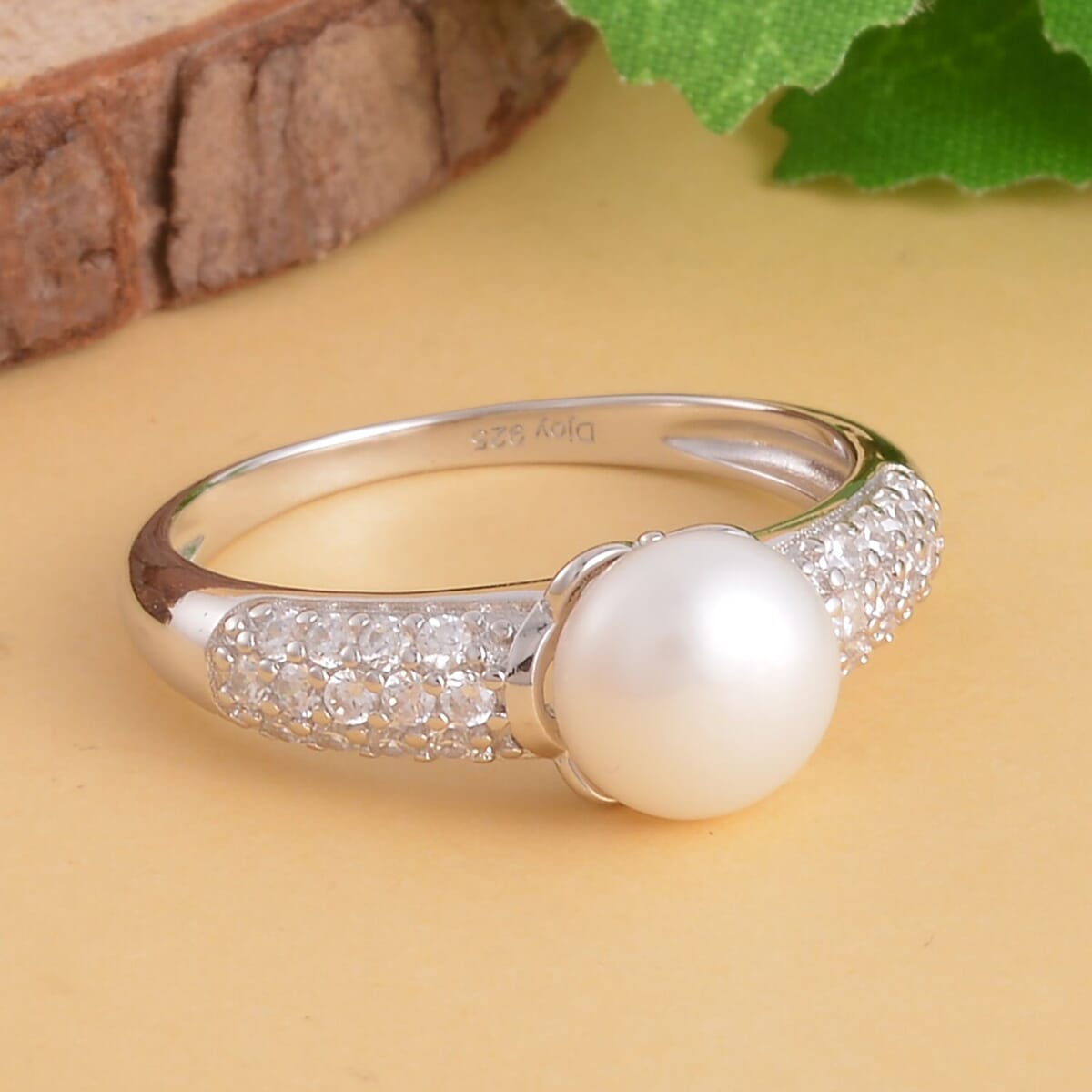 White Freshwater Pearl and Simulated Diamond Ring in Rhodium Over Sterling Silver (Size 8.0) 0.35 ctw image number 1