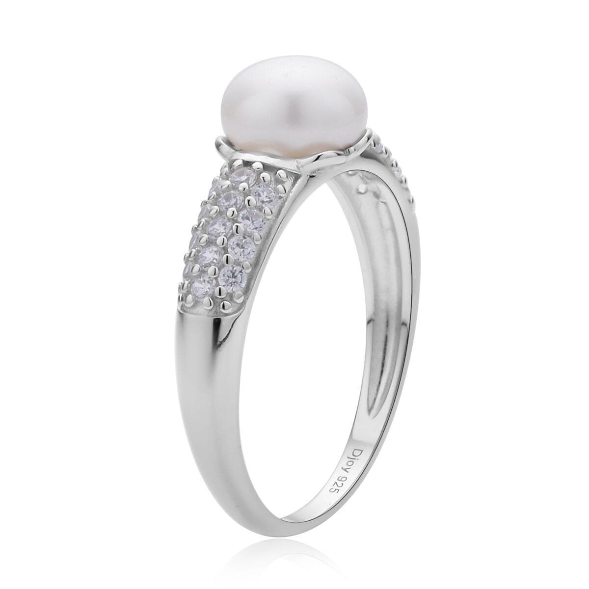 White Freshwater Pearl and Simulated Diamond Ring in Rhodium Over Sterling Silver (Size 8.0) 0.35 ctw image number 3