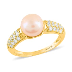 Peach Freshwater Pearl and Simulated Diamond Ring in 14K Yellow Gold Over Sterling Silver (Size 5.0) 0.35 ctw