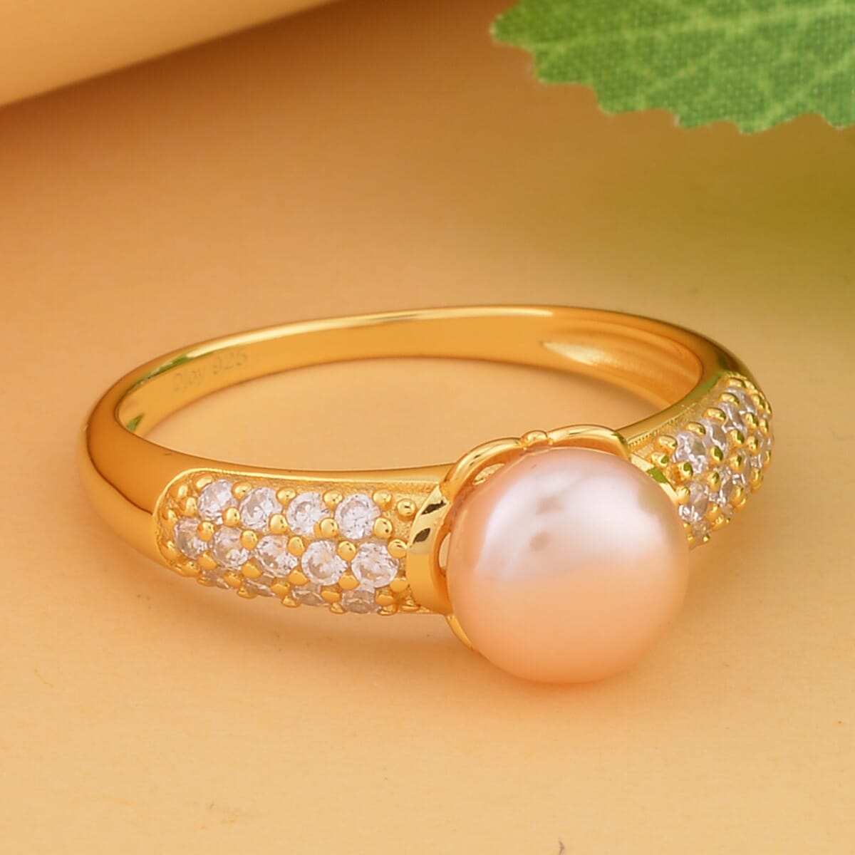 Peach Freshwater Pearl and Simulated Diamond Ring in 14K Yellow Gold Over Sterling Silver (Size 5.0) 0.35 ctw image number 1