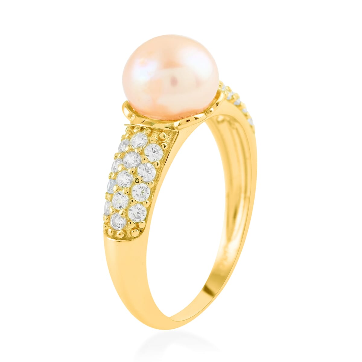 Peach Freshwater Pearl and Simulated Diamond Ring in 14K Yellow Gold Over Sterling Silver (Size 5.0) 0.35 ctw image number 3