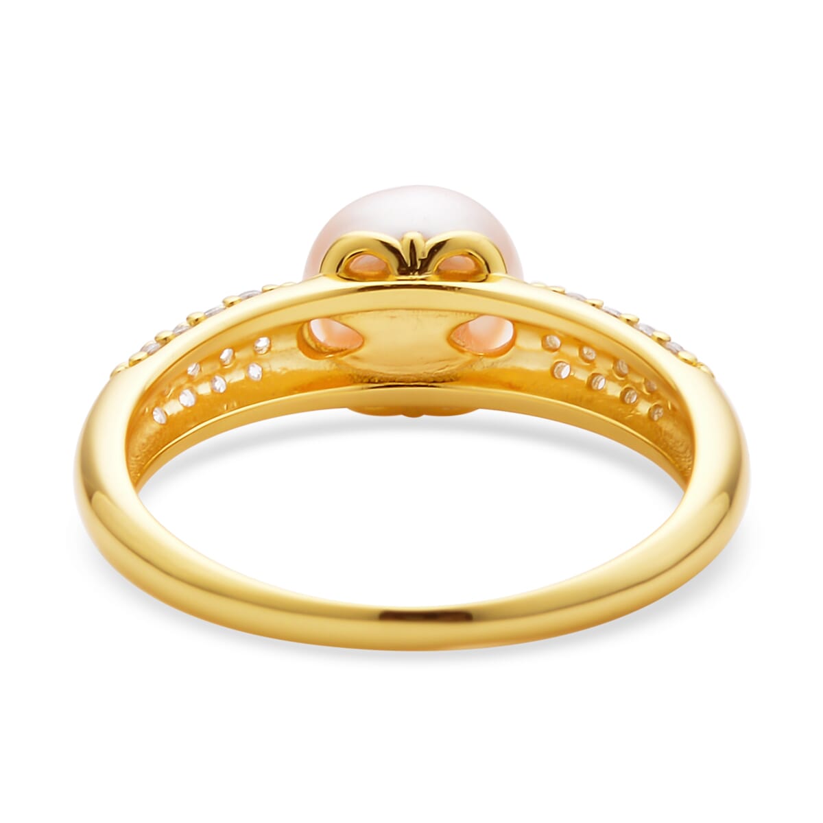 Peach Freshwater Pearl and Simulated Diamond Ring in 14K Yellow Gold Over Sterling Silver (Size 5.0) 0.35 ctw image number 4
