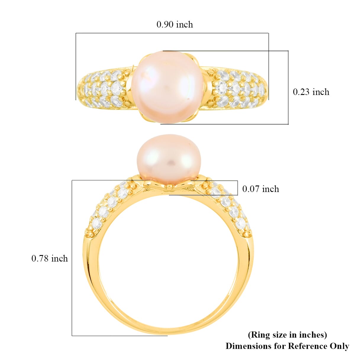 Peach Freshwater Pearl and Simulated Diamond Ring in 14K Yellow Gold Over Sterling Silver (Size 5.0) 0.35 ctw image number 5