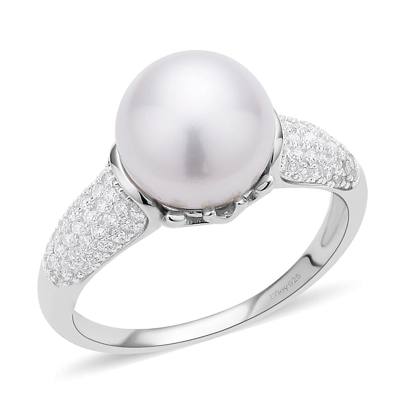 White Freshwater Pearl and Simulated Diamond Ring in Rhodium Over Sterling Silver (Size 10.0) 0.15 ctw