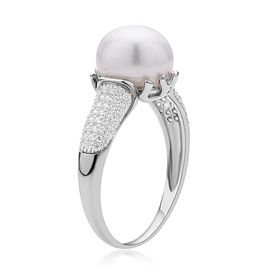 White Freshwater Pearl and Simulated Diamond Ring in Rhodium Over Sterling Silver (Size 10.0) 0.15 ctw