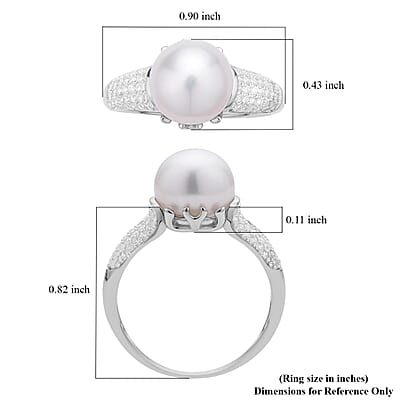 White Freshwater Pearl and Simulated Diamond Ring in Rhodium Over Sterling Silver (Size 10.0) 0.15 ctw