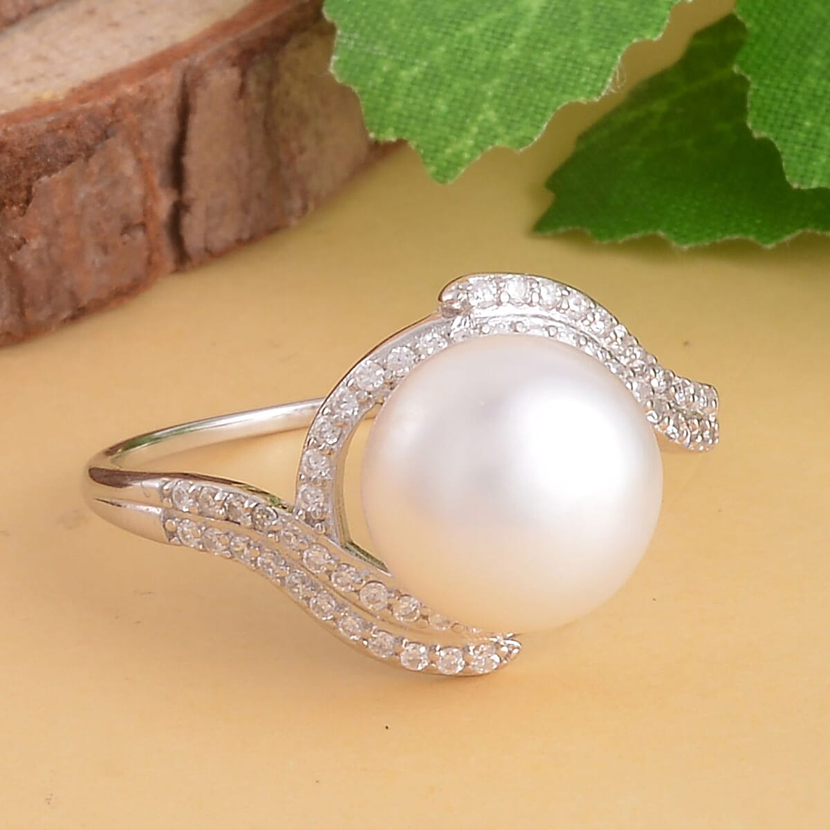 White Freshwater Pearl and Simulated Diamond Ring in Rhodium Over Sterling Silver (Size 10.0) 0.35 ctw image number 1