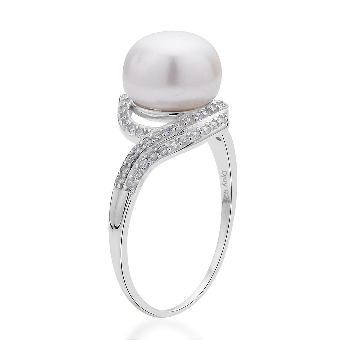 White Freshwater Pearl and Simulated Diamond Ring in Rhodium Over Sterling Silver (Size 10.0) 0.35 ctw image number 3