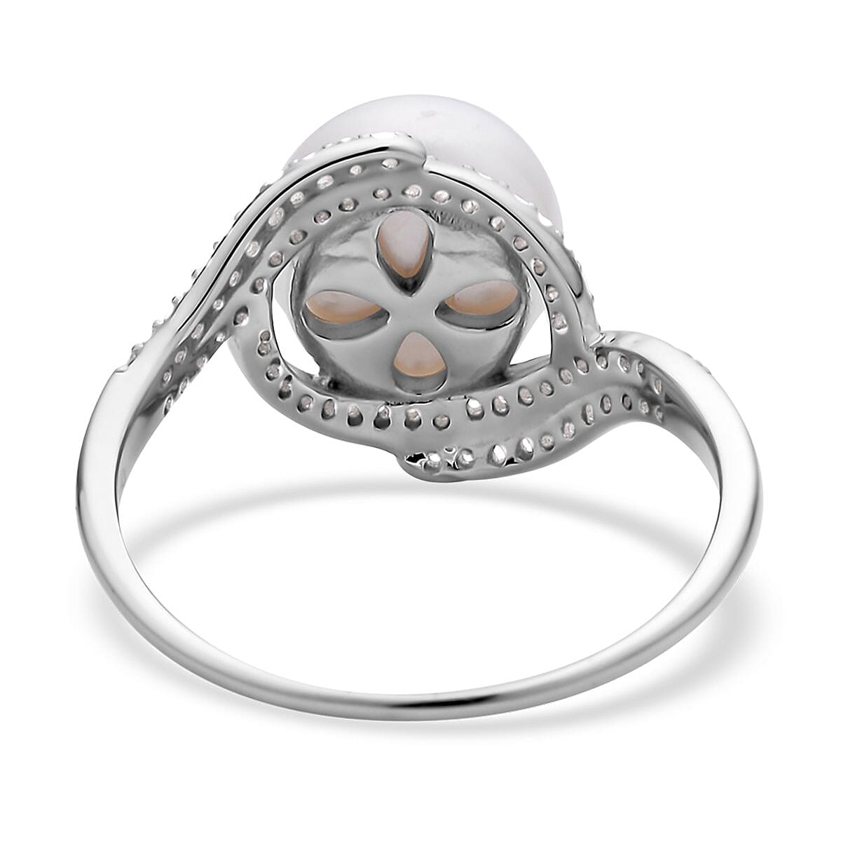 White Freshwater Pearl and Simulated Diamond Ring in Rhodium Over Sterling Silver (Size 10.0) 0.35 ctw image number 4