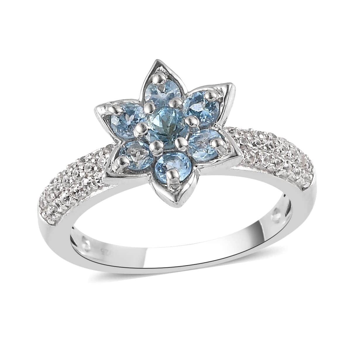 Santa Maria Aquamarine and Natural White Zircon Floral Ring in Platinum Over Sterling Silver 0.85 ctw image number 0