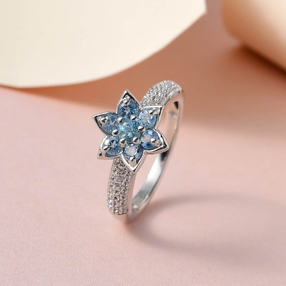 Santa Maria Aquamarine and Natural White Zircon Floral Ring in Platinum Over Sterling Silver 0.85 ctw image number 1