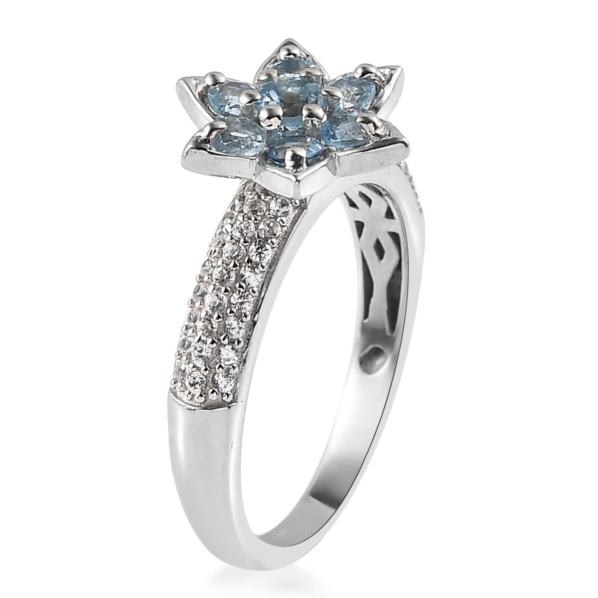 Santa Maria Aquamarine and Natural White Zircon Floral Ring in Platinum Over Sterling Silver 0.85 ctw image number 3