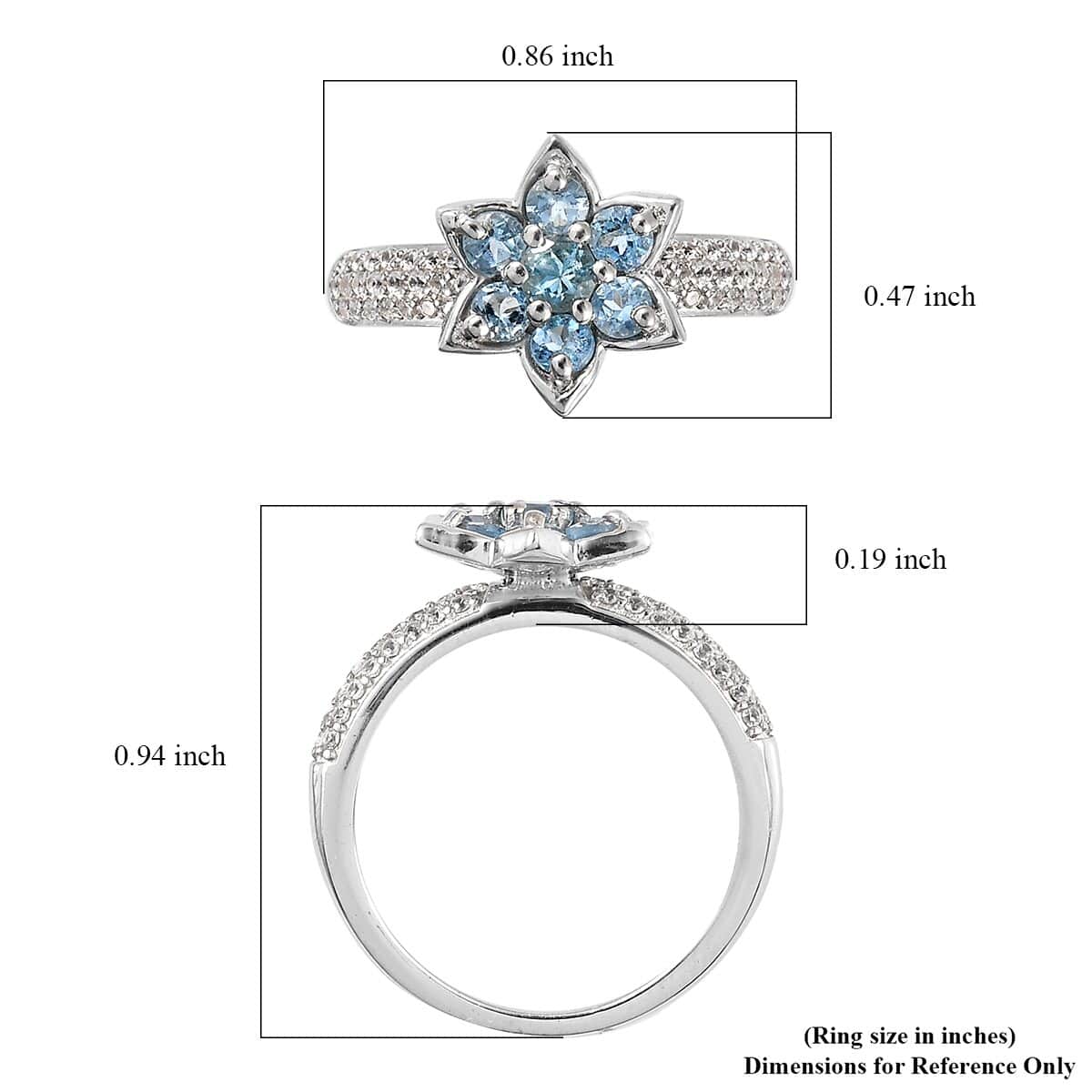 Santa Maria Aquamarine and Natural White Zircon Floral Ring in Platinum Over Sterling Silver 0.85 ctw image number 5