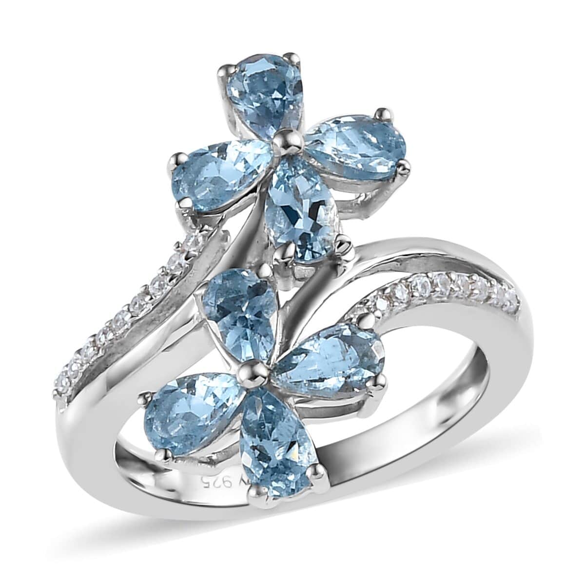 Sterling Silver Aquamarine and Zircon Floral Bypass Ring on sale