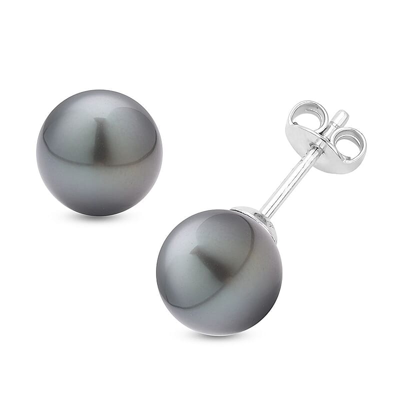 Tahitian Cultured Pearl Solitaire Stud Earrings in Platinum Over Sterling Silver