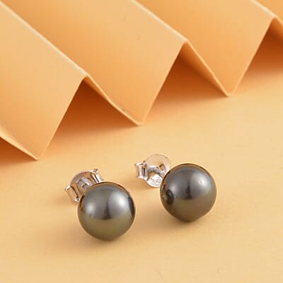 Tahitian Cultured Pearl Solitaire Stud Earrings in Platinum Over Sterling Silver