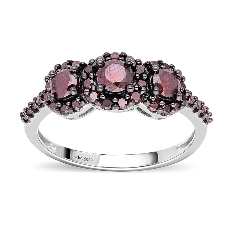 Red Diamond Trilogy Halo Ring in Rhodium & Platinum Over Sterling Silver (Size 10.0) 1.00 ctw
