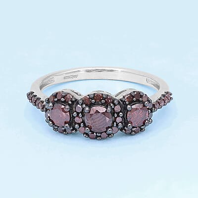 Red Diamond Trilogy Halo Ring in Rhodium & Platinum Over Sterling Silver (Size 10.0) 1.00 ctw