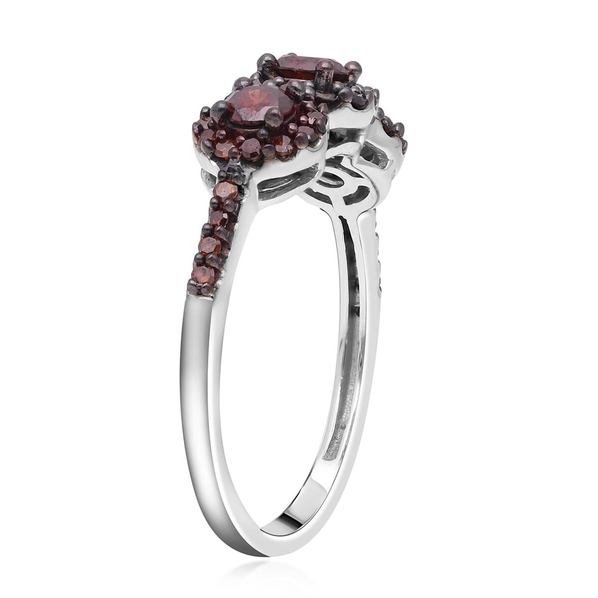 Red Diamond Trilogy Halo Ring in Rhodium & Platinum Over Sterling Silver 1.00 ctw image number 3