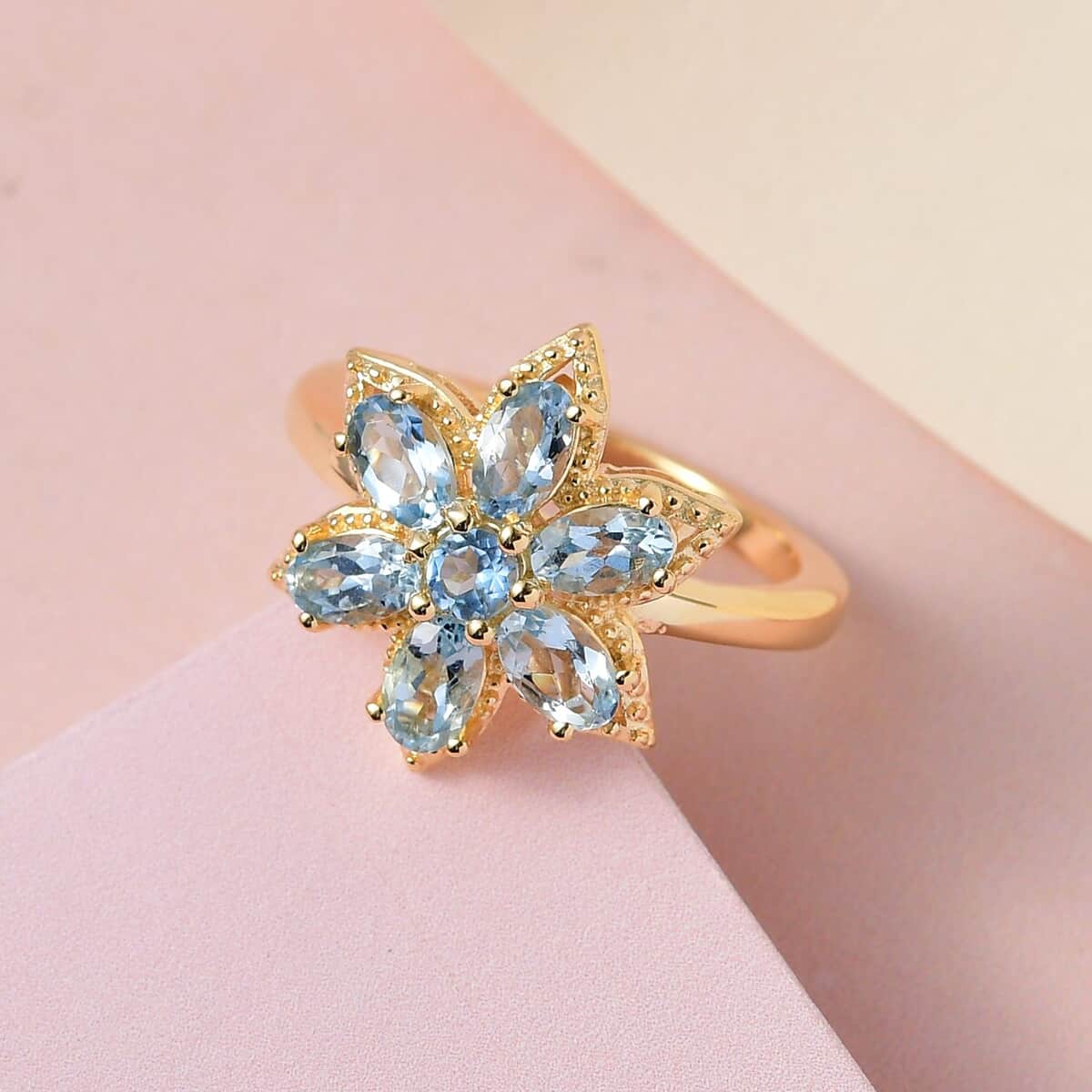 Santa Maria Aquamarine Floral Ring in Vermeil Yellow Gold Over Sterling Silver (Size 10.0) 1.40 ctw image number 1