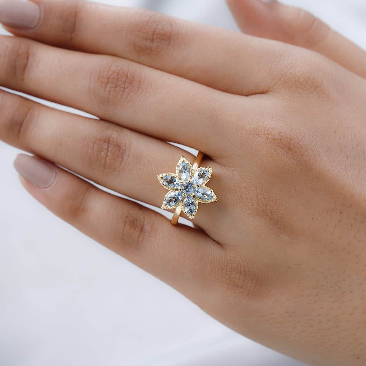 Santa Maria Aquamarine Floral Ring in Vermeil Yellow Gold Over Sterling Silver (Size 10.0) 1.40 ctw image number 2