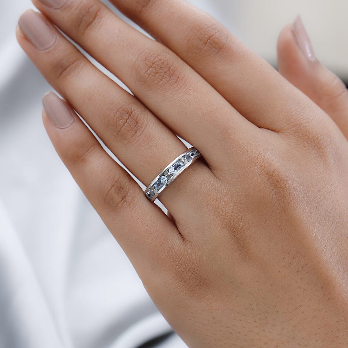 Santa Maria Aquamarine and Diamond Half Eternity Band Ring in Platinum Over Sterling Silver (Size 8.0) 1.00 ctw image number 2