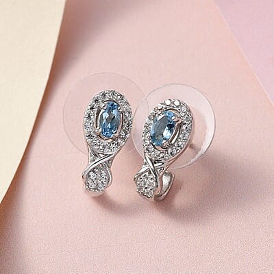 Santa Maria Aquamarine and White Zircon Earrings in Platinum Over Sterling Silver 0.85 ctw