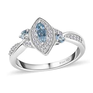 Santa Maria Aquamarine and White Zircon Halo Ring in Platinum Over Sterling Silver (Size 10.0) 0.60 ctw