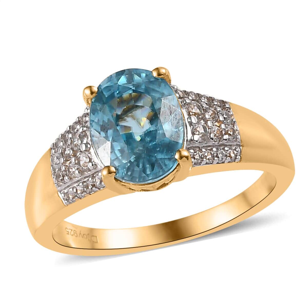 Premium Cambodian Blue Zircon and Natural White Zircon Ring in Vermeil Yellow Gold Over Sterling Silver (Size 10.0) 2.85 ctw image number 0