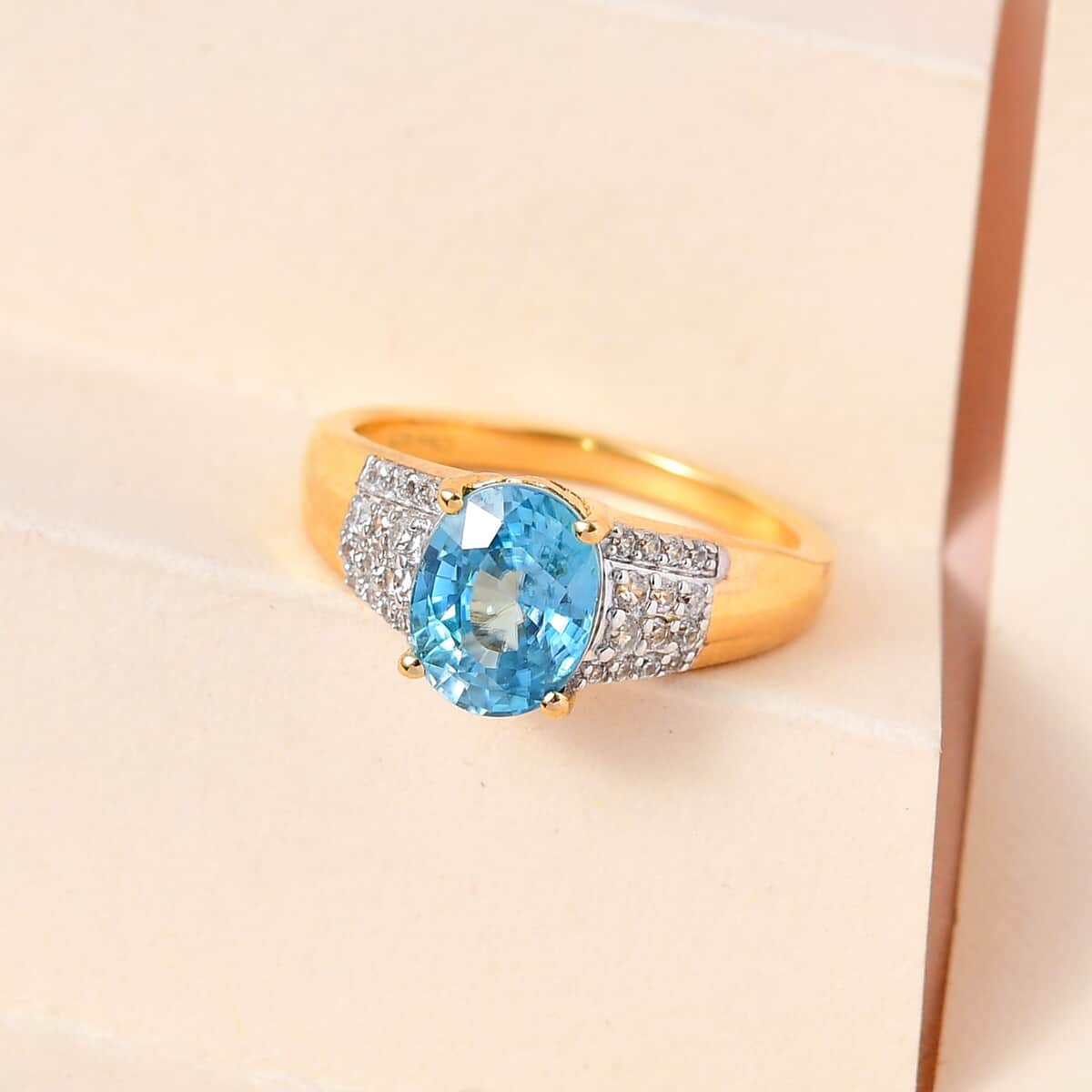 Premium Cambodian Blue Zircon and Natural White Zircon Ring in Vermeil Yellow Gold Over Sterling Silver (Size 10.0) 2.85 ctw image number 1