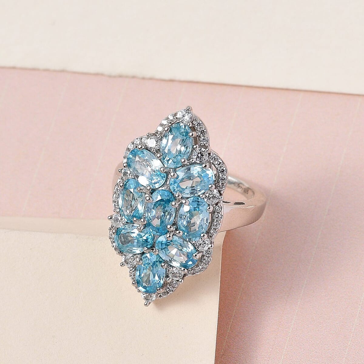 Premium Cambodian Blue Zircon and Natural White Zircon Ring in Platinum Over Sterling Silver (Size 6.0) 7.70 ctw image number 1