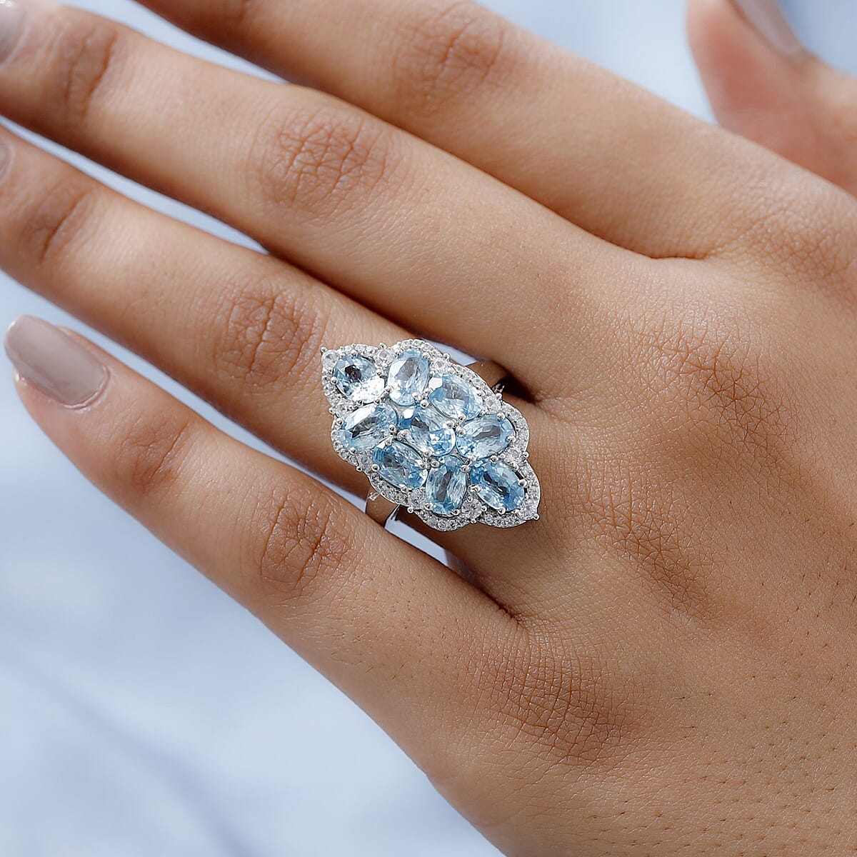 Premium Cambodian Blue Zircon and Natural White Zircon Ring in Platinum Over Sterling Silver (Size 6.0) 7.70 ctw image number 2