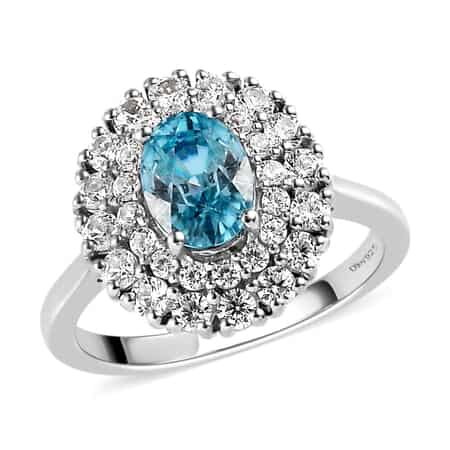 Premium Cambodian Blue Zircon and Natural White Zircon Double Halo Ring in Platinum Over Sterling Silver (Size 6.0) 3.40 ctw image number 0