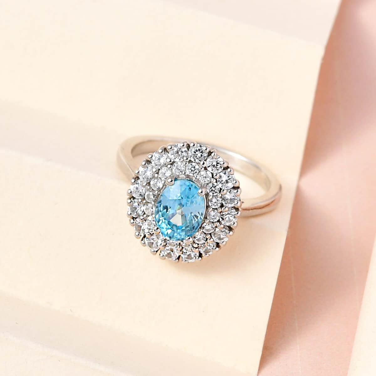 Premium Cambodian Blue Zircon and Natural White Zircon Double Halo Ring in Platinum Over Sterling Silver (Size 6.0) 3.40 ctw image number 1