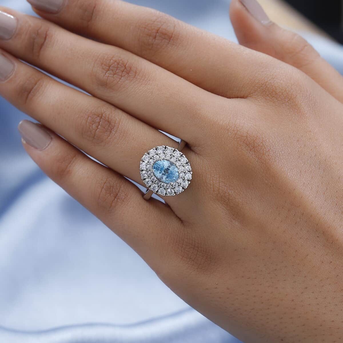 Premium Cambodian Blue Zircon and Natural White Zircon Double Halo Ring in Platinum Over Sterling Silver 3.40 ctw image number 2