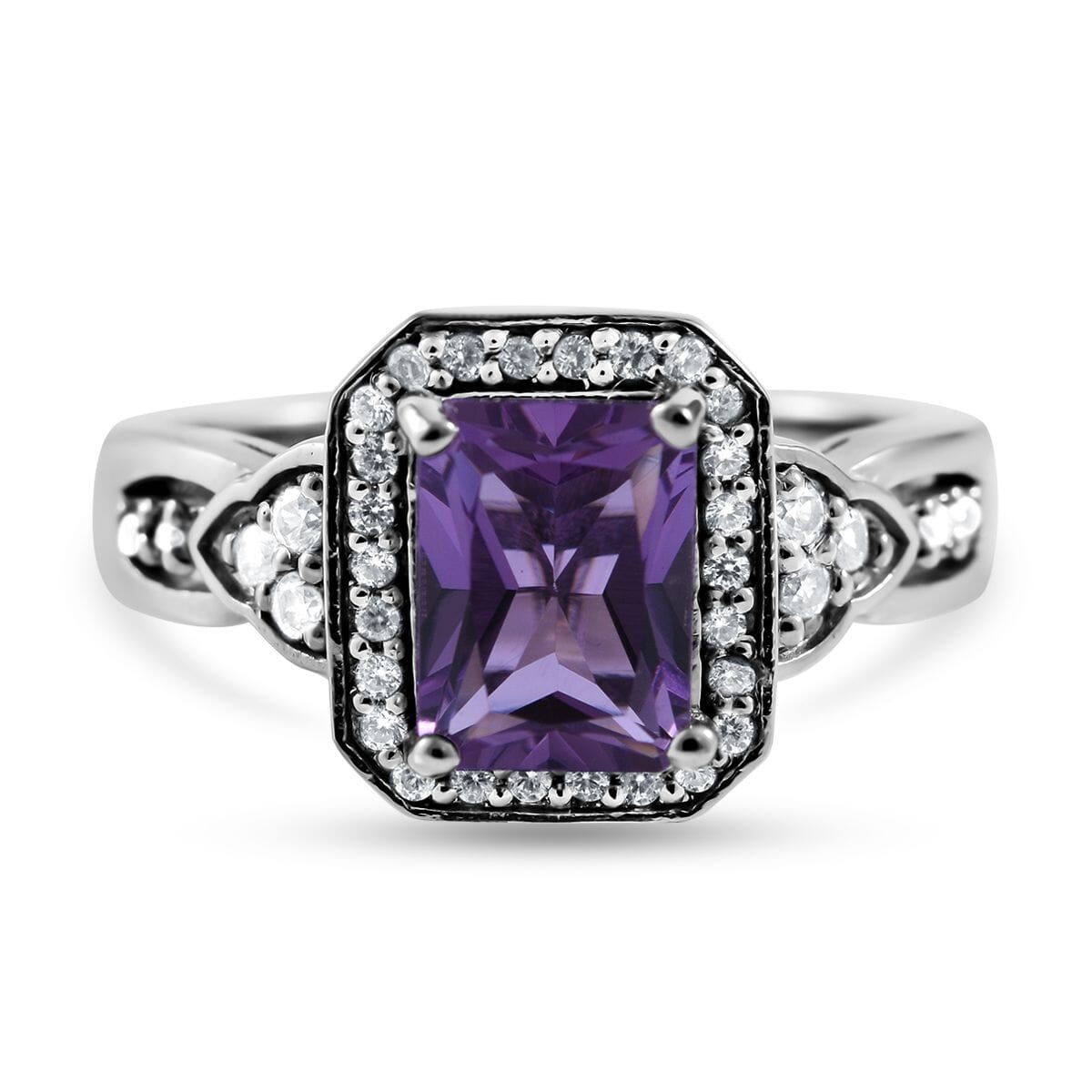 Uruguayan Amethyst and Natural White Zircon Halo Ring in Platinum Over Sterling Silver 2.00 ctw image number 0