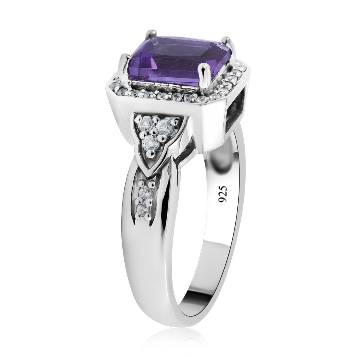 Uruguayan Amethyst and Natural White Zircon Halo Ring in Platinum Over Sterling Silver 2.00 ctw image number 2