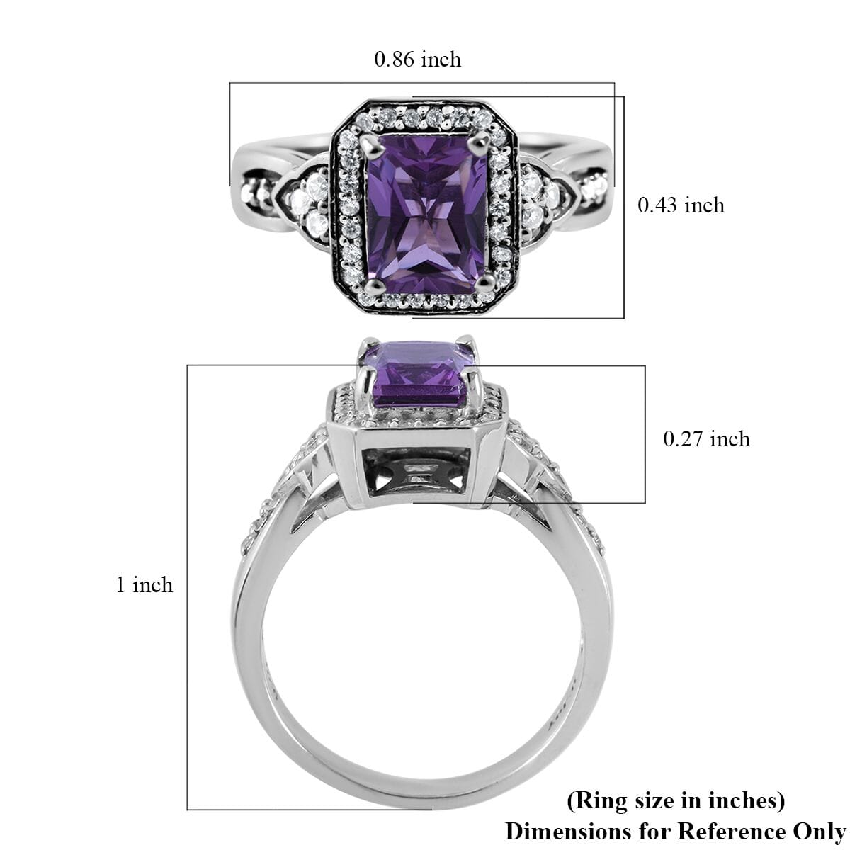 Uruguayan Amethyst and Natural White Zircon Halo Ring in Platinum Over Sterling Silver 2.00 ctw image number 4