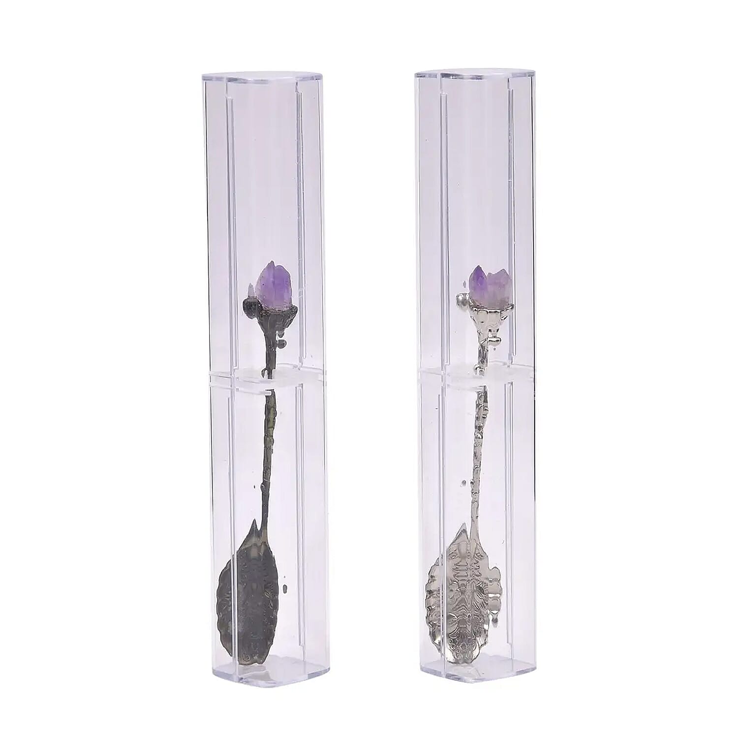 2pcs Hand Carved Natural Amethyst Deco Set in Silvertone & Bronze (4.33 )