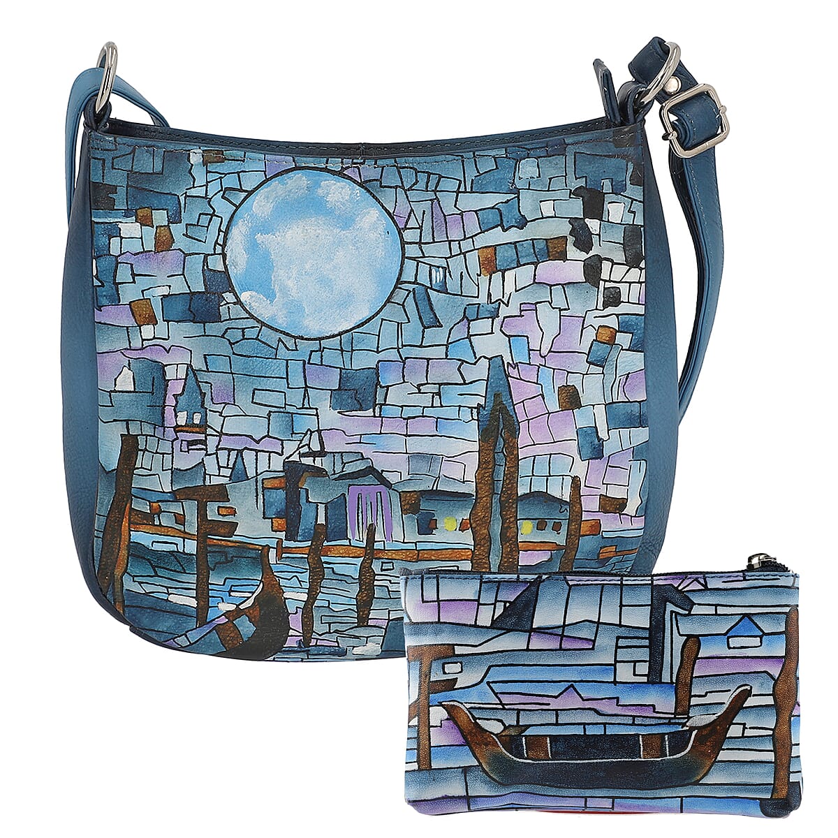 SUKRITI 100% Genuine Leather Ladies Crossbody Bag with pouch, Brand : Sukriti, Theme: Landscape Mosaic Tiffany  Color : Light Blue,  Size: 10.24 L x 2.36 W x 9.45 H inches image number 0