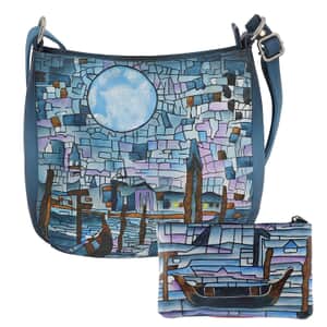 SUKRITI 100% Genuine Leather Ladies Crossbody Bag with pouch, Brand : Sukriti, Theme: Landscape Mosaic Tiffany  Color : Light Blue,  Size: 10.24 L x 2.36 W x 9.45 H inches