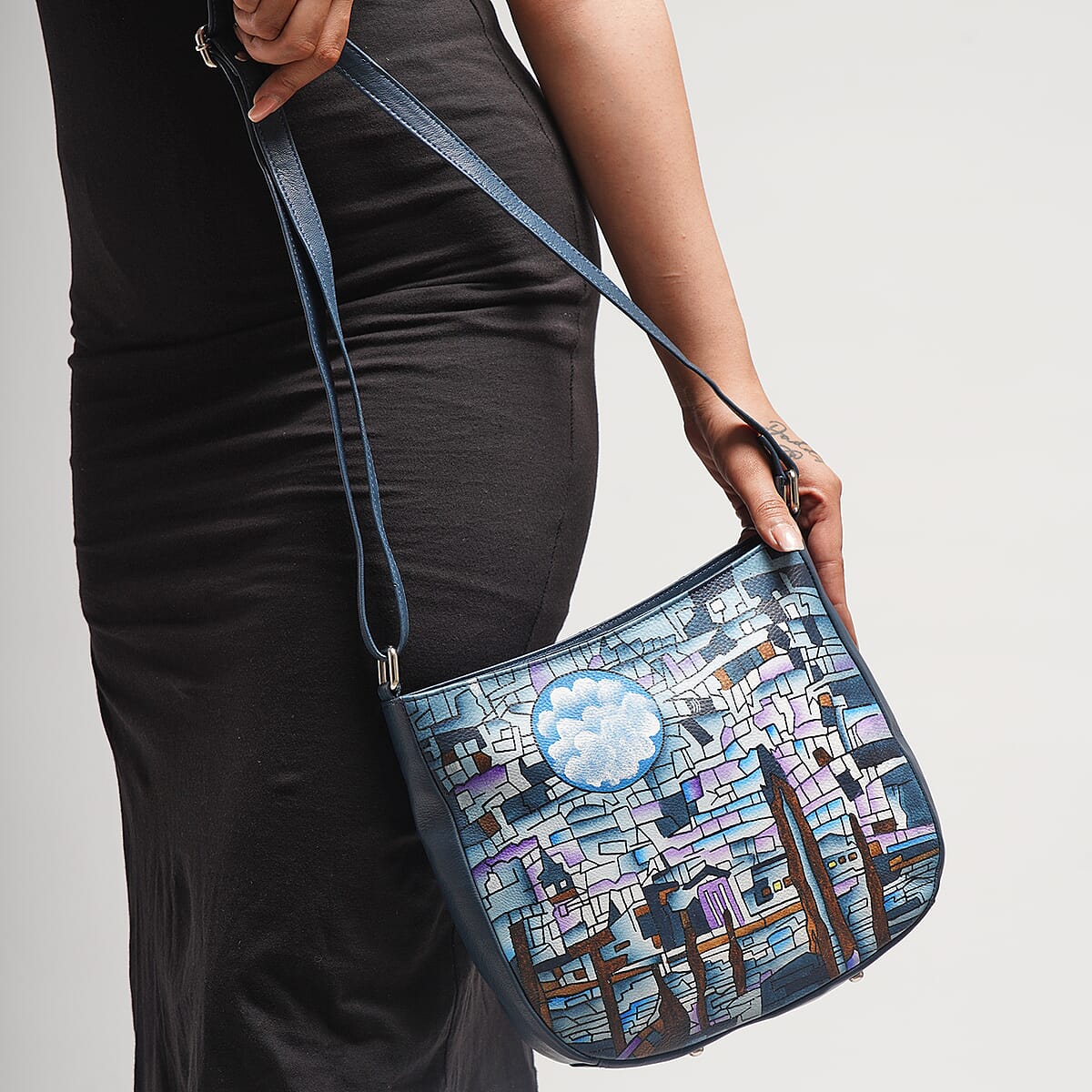 SUKRITI 100% Genuine Leather Ladies Crossbody Bag with pouch, Brand : Sukriti, Theme: Landscape Mosaic Tiffany  Color : Light Blue,  Size: 10.24 L x 2.36 W x 9.45 H inches image number 2