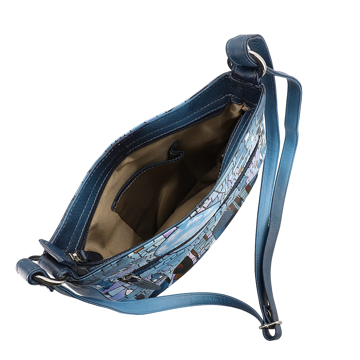 SUKRITI 100% Genuine Leather Ladies Crossbody Bag with pouch, Brand : Sukriti, Theme: Landscape Mosaic Tiffany  Color : Light Blue,  Size: 10.24 L x 2.36 W x 9.45 H inches image number 4