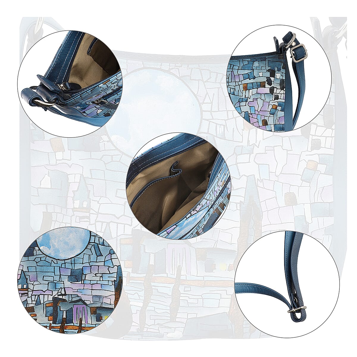 SUKRITI 100% Genuine Leather Ladies Crossbody Bag with pouch, Brand : Sukriti, Theme: Landscape Mosaic Tiffany  Color : Light Blue,  Size: 10.24 L x 2.36 W x 9.45 H inches image number 5