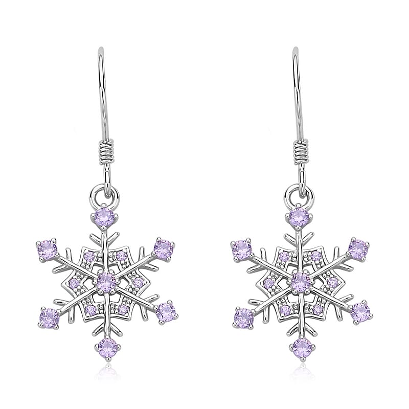 Simulated Purple Diamond Snowflake Earrings in Rhodium Over Sterling Silver