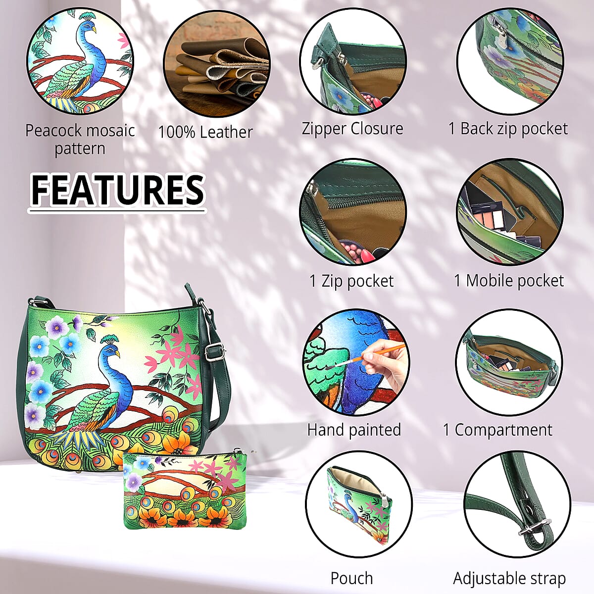 Sukriti Green Peacock Mosaic Pattern Genuine Leather Crossbody Bag with Pouch, Essential Minimalist Crossbody Bag, Utility Zipper Crossbody Bag, Classic Shoulder Bag image number 3