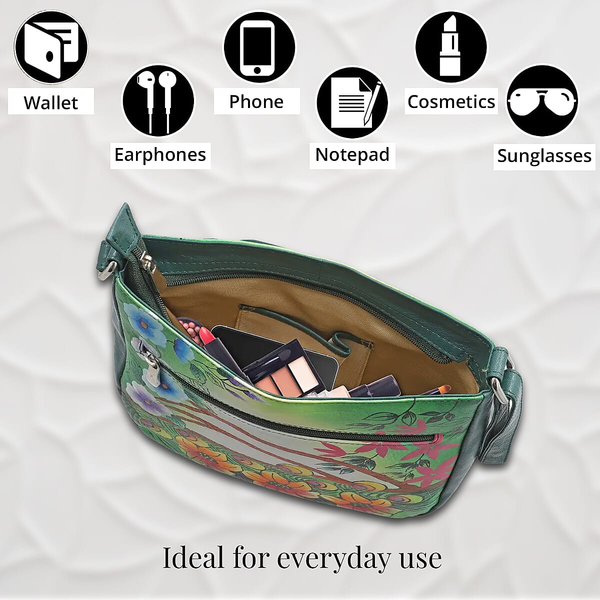 Sukriti Green Peacock Mosaic Pattern Genuine Leather Crossbody Bag with Pouch, Essential Minimalist Crossbody Bag, Utility Zipper Crossbody Bag, Classic Shoulder Bag image number 4