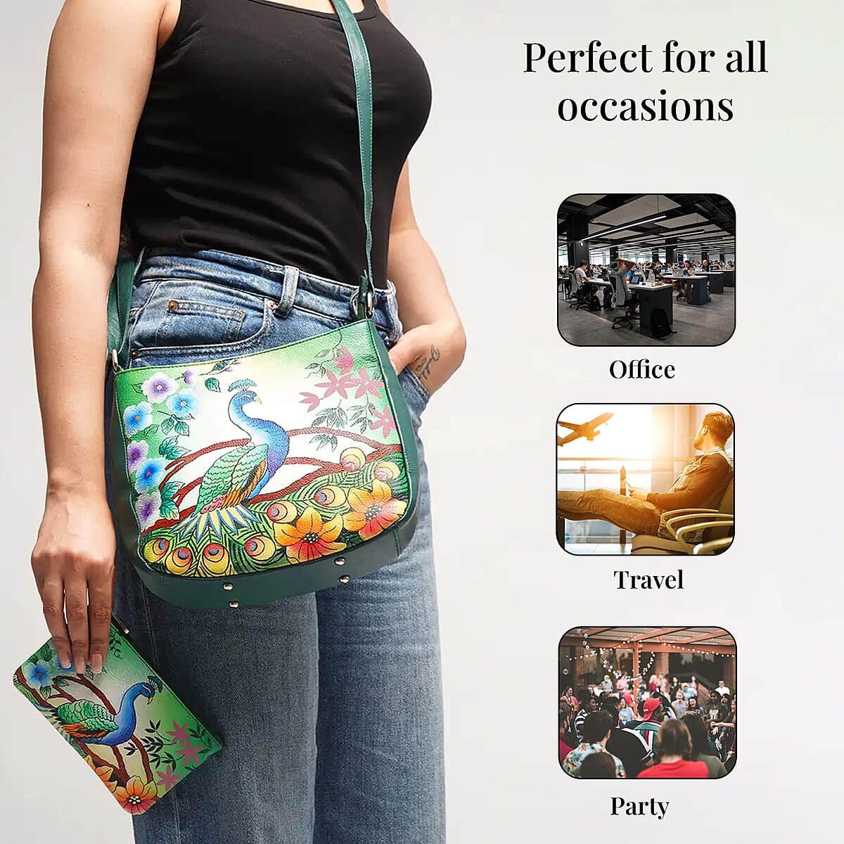 Sukriti Green Peacock Mosaic Pattern Genuine Leather Crossbody Bag with Pouch, Essential Minimalist Crossbody Bag, Utility Zipper Crossbody Bag, Classic Shoulder Bag image number 5