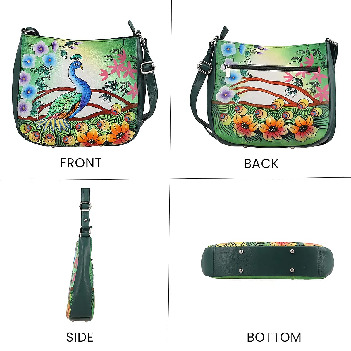 Sukriti Green Peacock Mosaic Pattern Genuine Leather Crossbody Bag with Pouch, Essential Minimalist Crossbody Bag, Utility Zipper Crossbody Bag, Classic Shoulder Bag image number 6