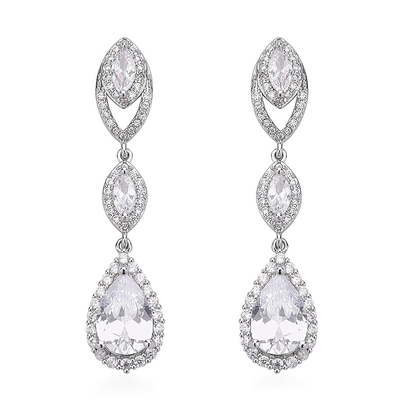 Simulated Diamond Dangle Earrings in Silvertone and Stainless Steel 5.10 ctw , Tarnish-Free, Waterproof, Sweat Proof Jewelry